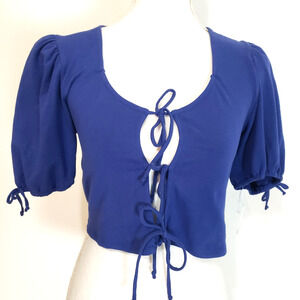 NEW!! Moa Moa SIZE S Blue Front Tie Crop Top Short Sleeve Cardigan Tie Sleeves
